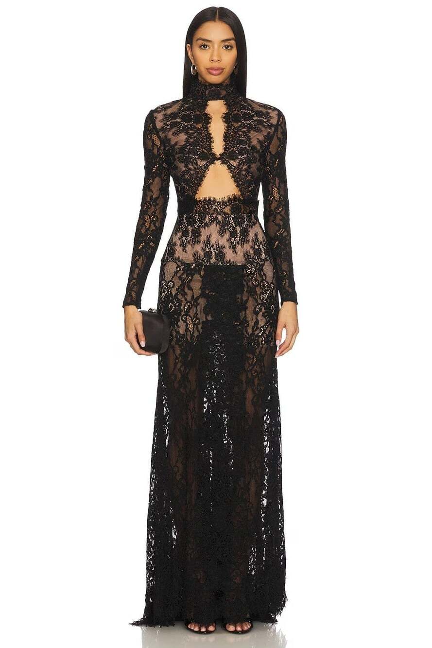 BRONX AND BANCO Eleanor Sheer Long Sleeve High Slit Lace Gown in Black, XS